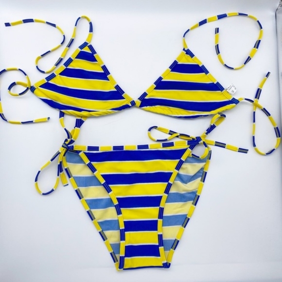 🙋🍍Classic String Bikini OS Stripes Blue Yellow - Picture 1 of 3